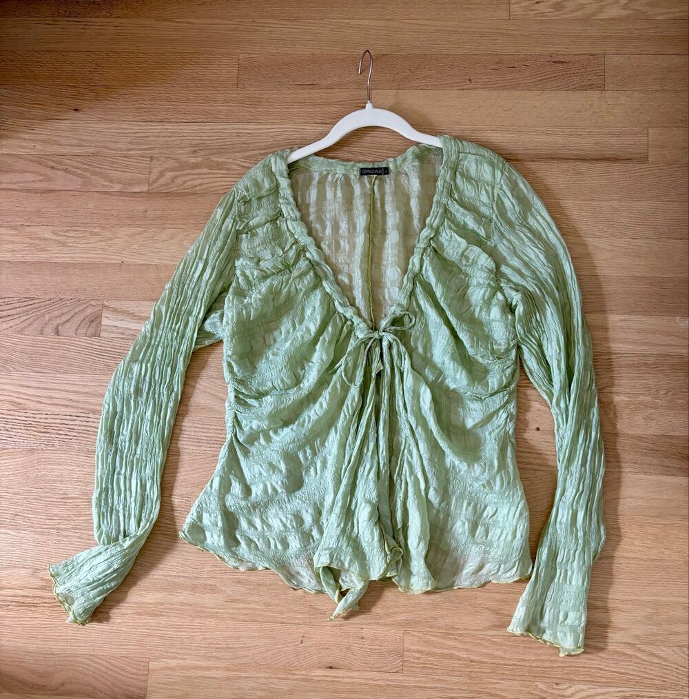 Grizas vintage euro silk top blouse green L large sc103 plisse asymmetrical Y2K